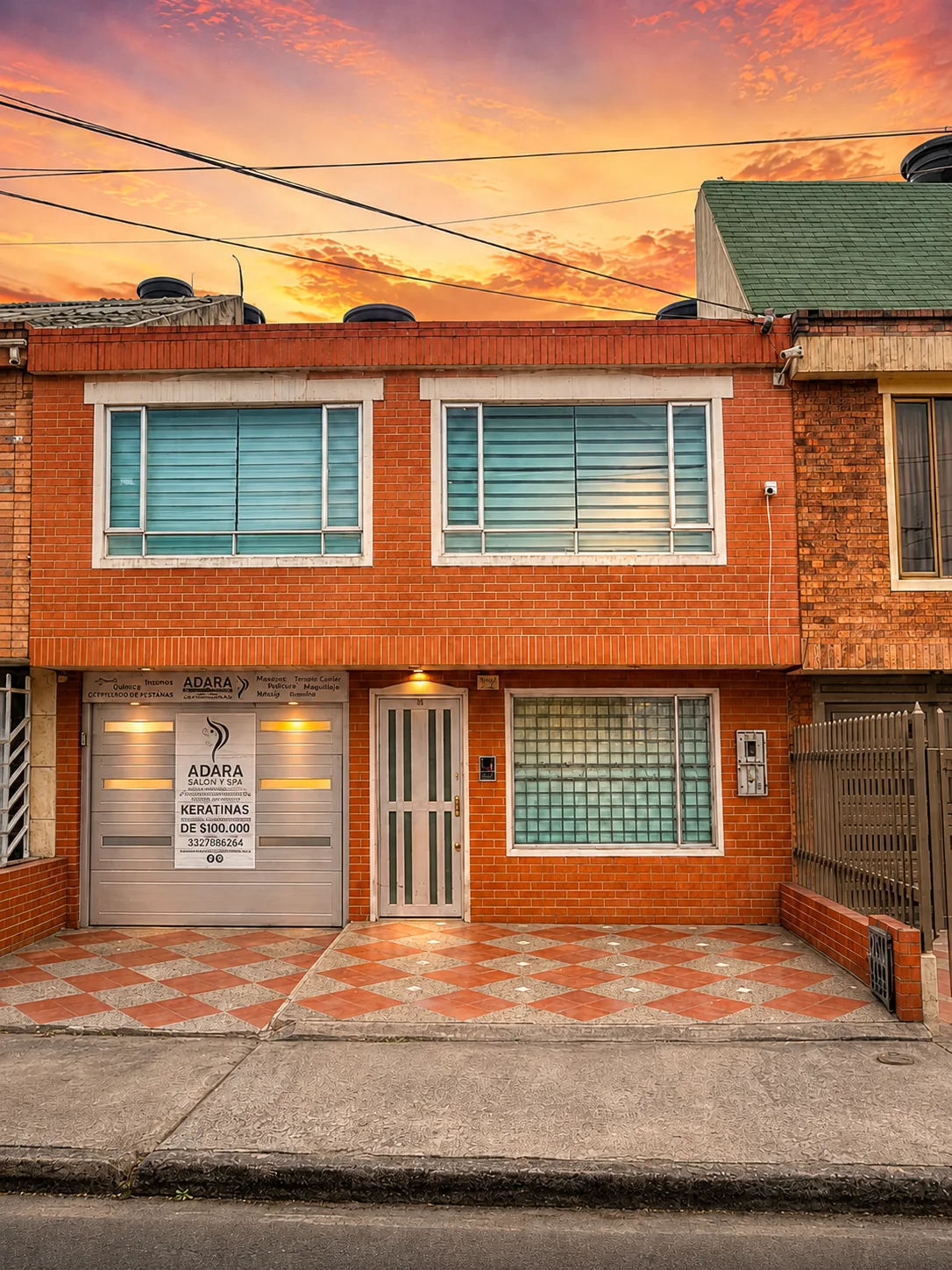 Fachada de Casa Algarra al atardecer, casa de dos pisos con las luces encendidas