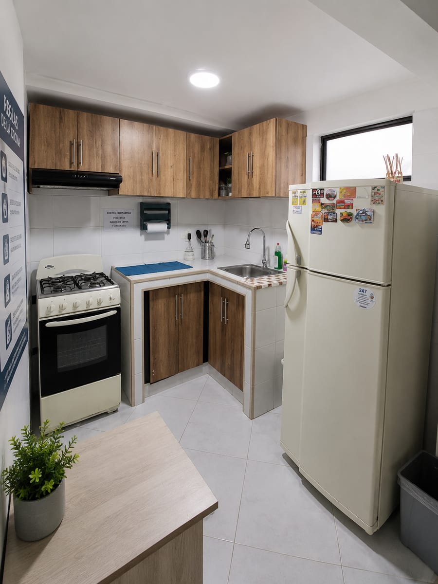 Cocina compartida del segundo piso del Hotel Atheron Suite en Zipaquirá, con estufa a gas, horno, nevera y mesa