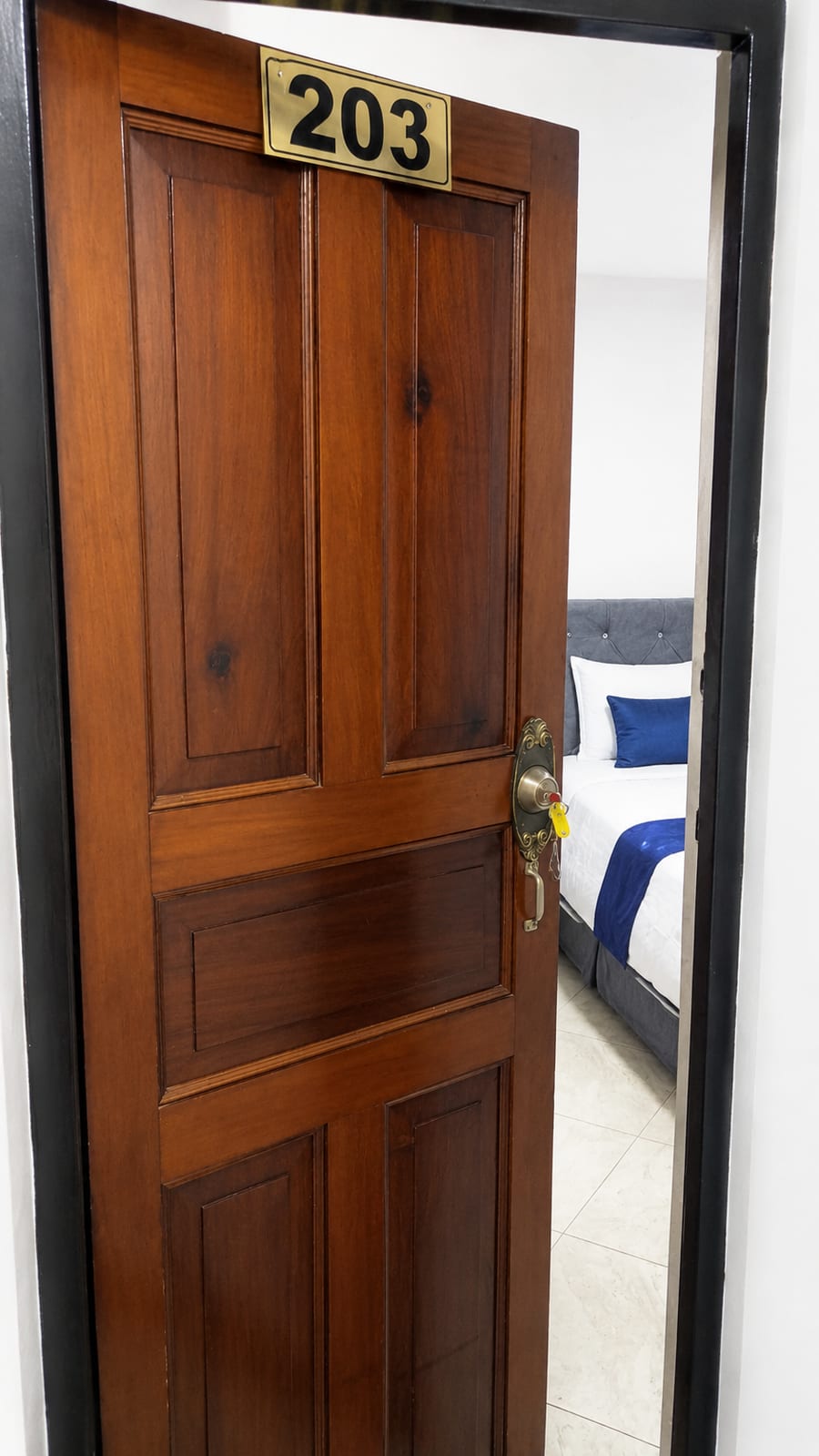 Puerta de madera de la habitación 203 con la placa del numero