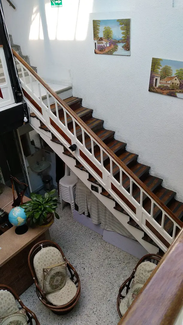 Escaleras interiores de Hotel La Margarita decoradas con plantas y cuadros