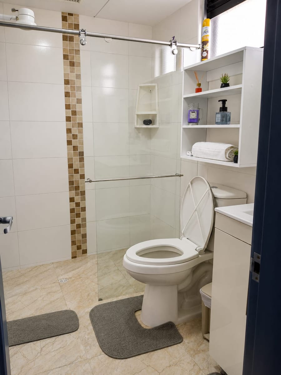 Bano privado de la Suite 301 con ducha de vidrio, sanitario y lavamanos