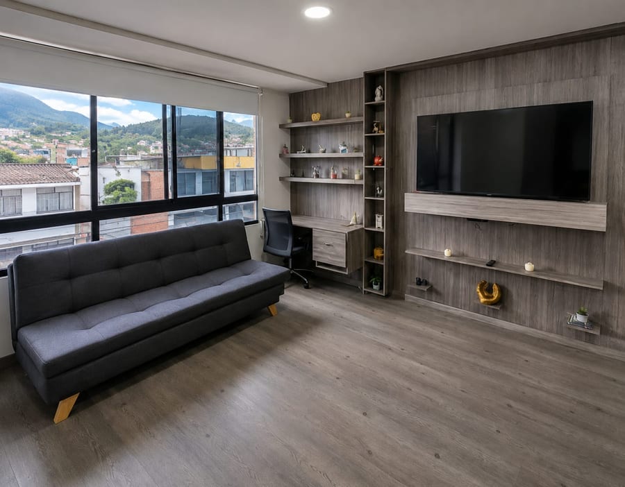Sala de la Suite 301 con sofa, escritorio, televisor y ventanal con vista a las montanas de Zipaquira