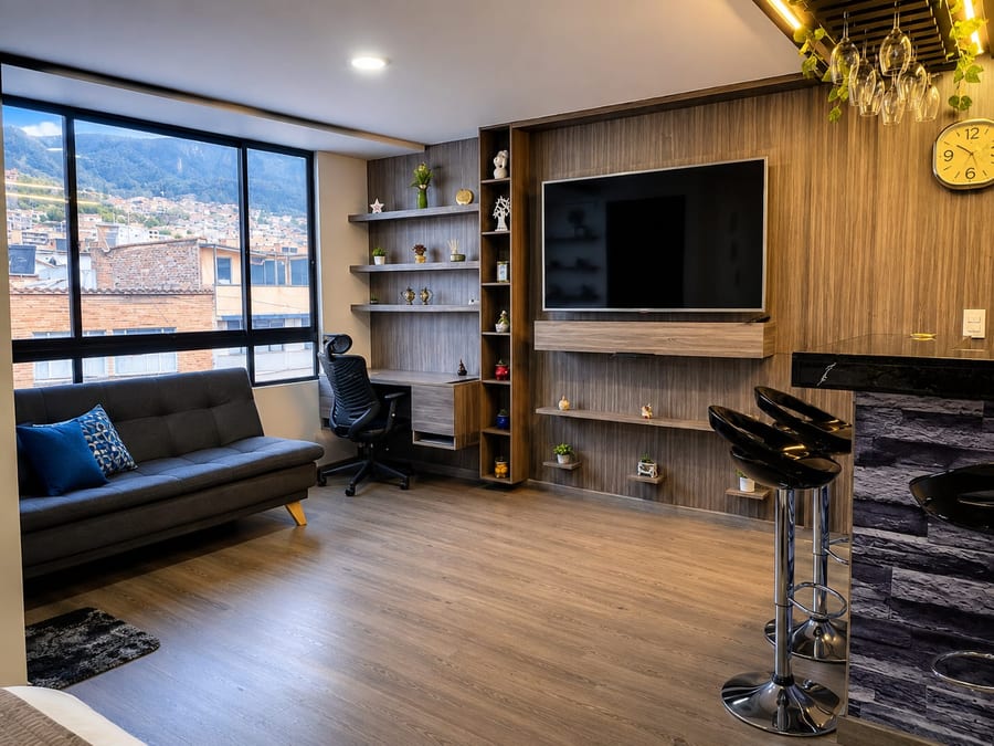 Zona social de la Suite 301 con televisor, escritorio de trabajo y barra alta con taburetes