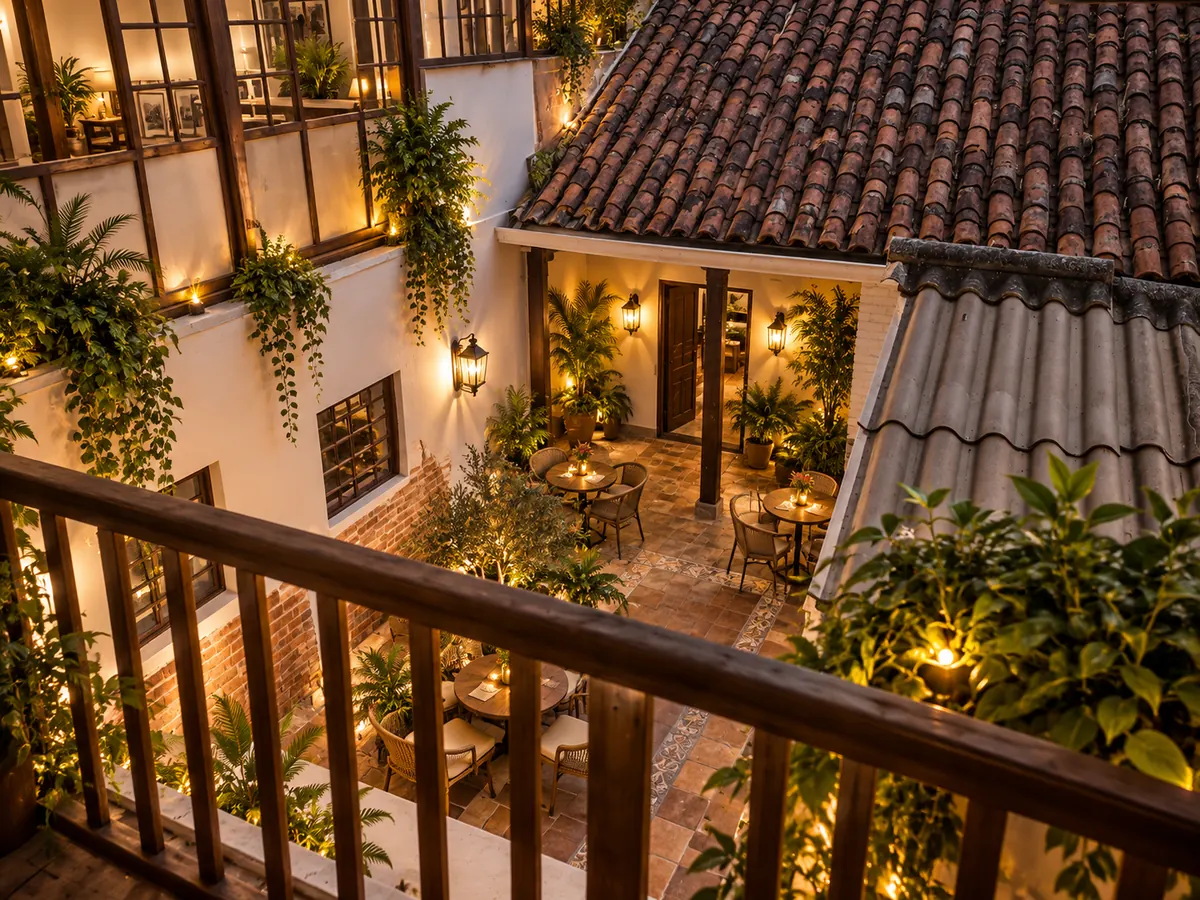 Representación conceptual del balcón del lobby con vista al Patio 1 y la cafetería