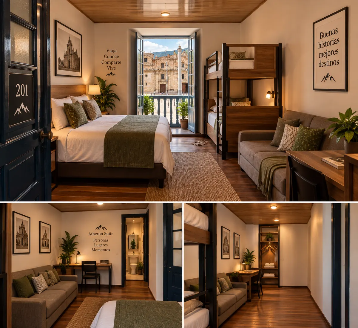 Representación conceptual de la habitación 201 con cama matrimonial, camarote, sofá cama y escritorio