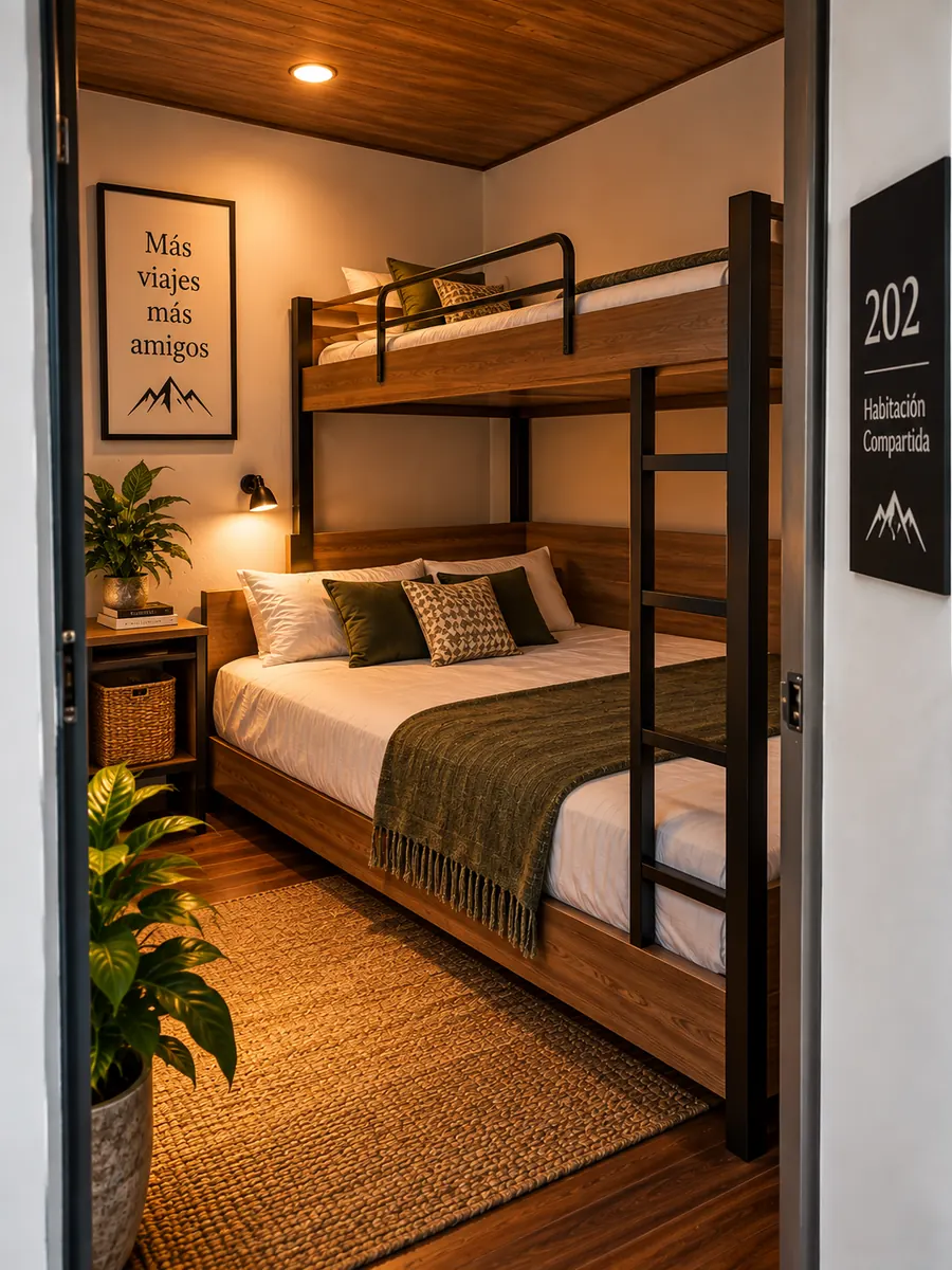 Representación conceptual de la habitación 202 con cama doble inferior y cama sencilla superior