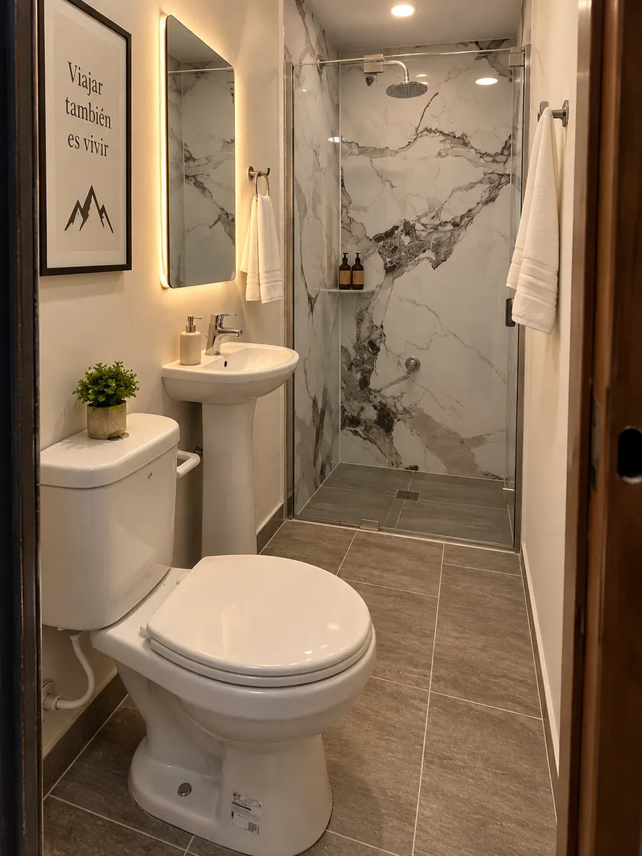 Representación conceptual del baño modelo: sanitario, lavamanos y ducha al fondo con división de vidrio