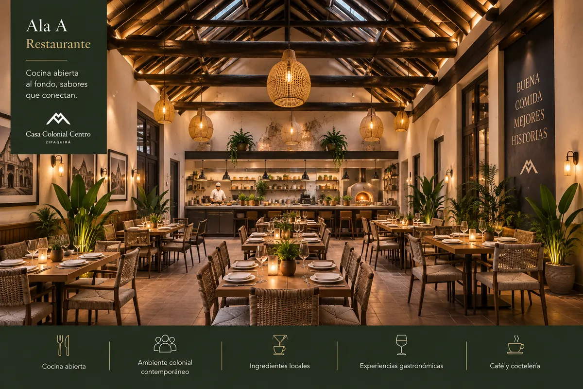 Representación conceptual del ala A del restaurante, con mesas al frente y cocina abierta al fondo