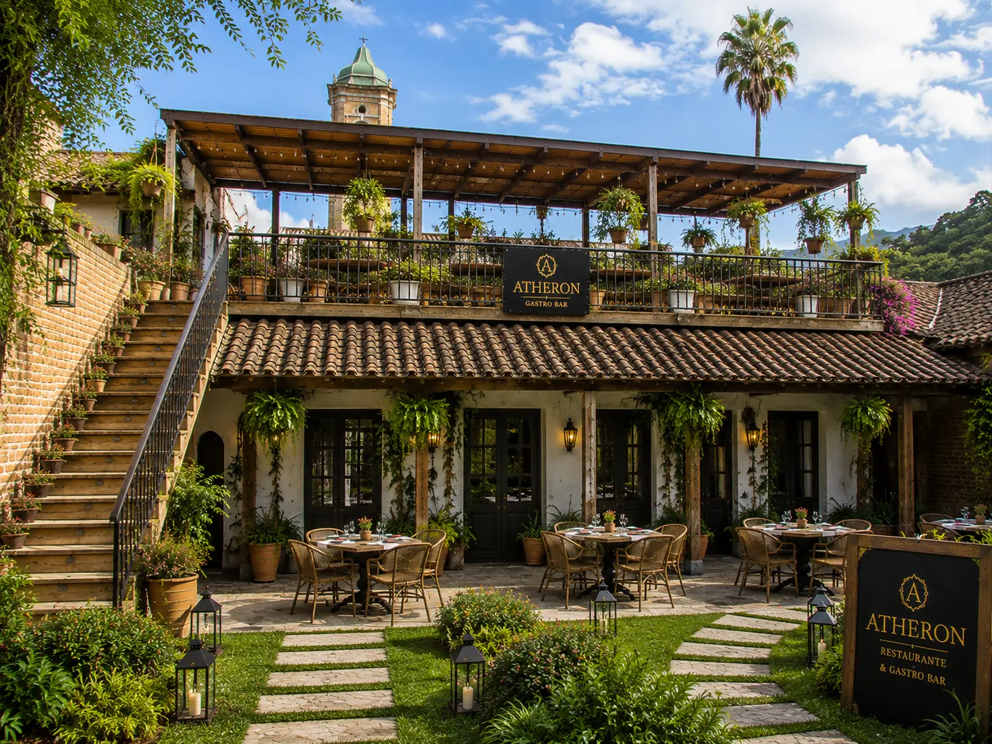 Representación conceptual del patio central de la casa con uso gastronómico
