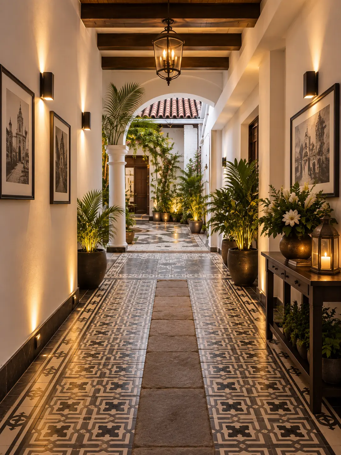 Representación conceptual del corredor interior restaurado, con el mosaico conservado y el arco hacia el patio