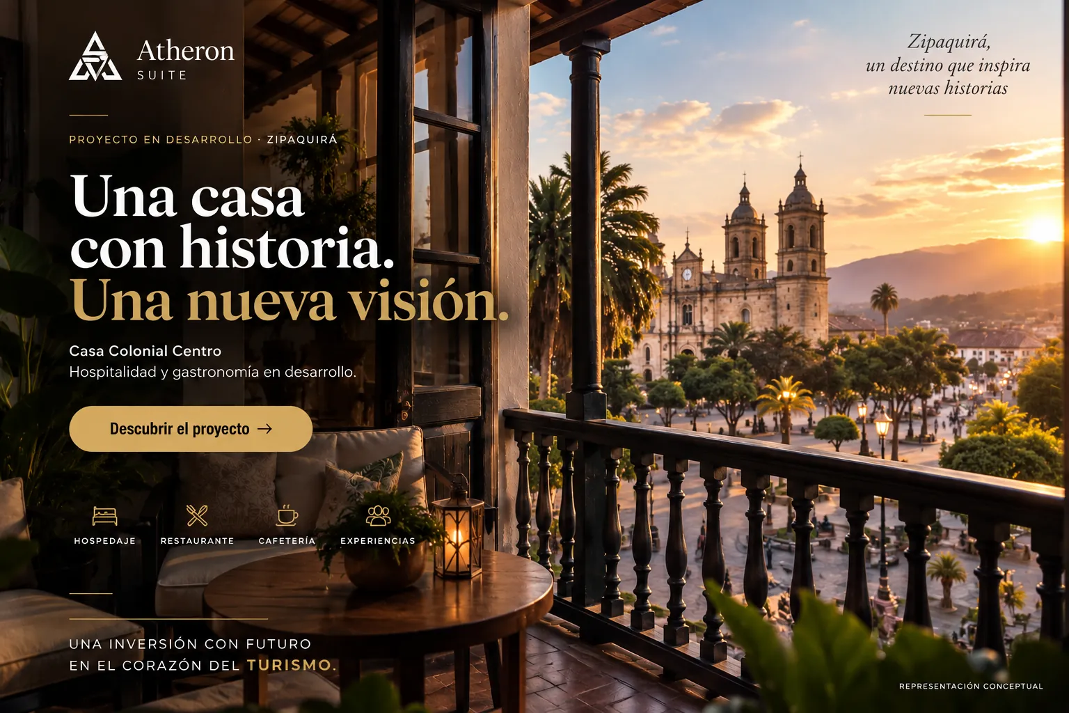 Representación conceptual de Casa Colonial Centro restaurada: propuesta de hospitalidad y gastronomía en Zipaquirá